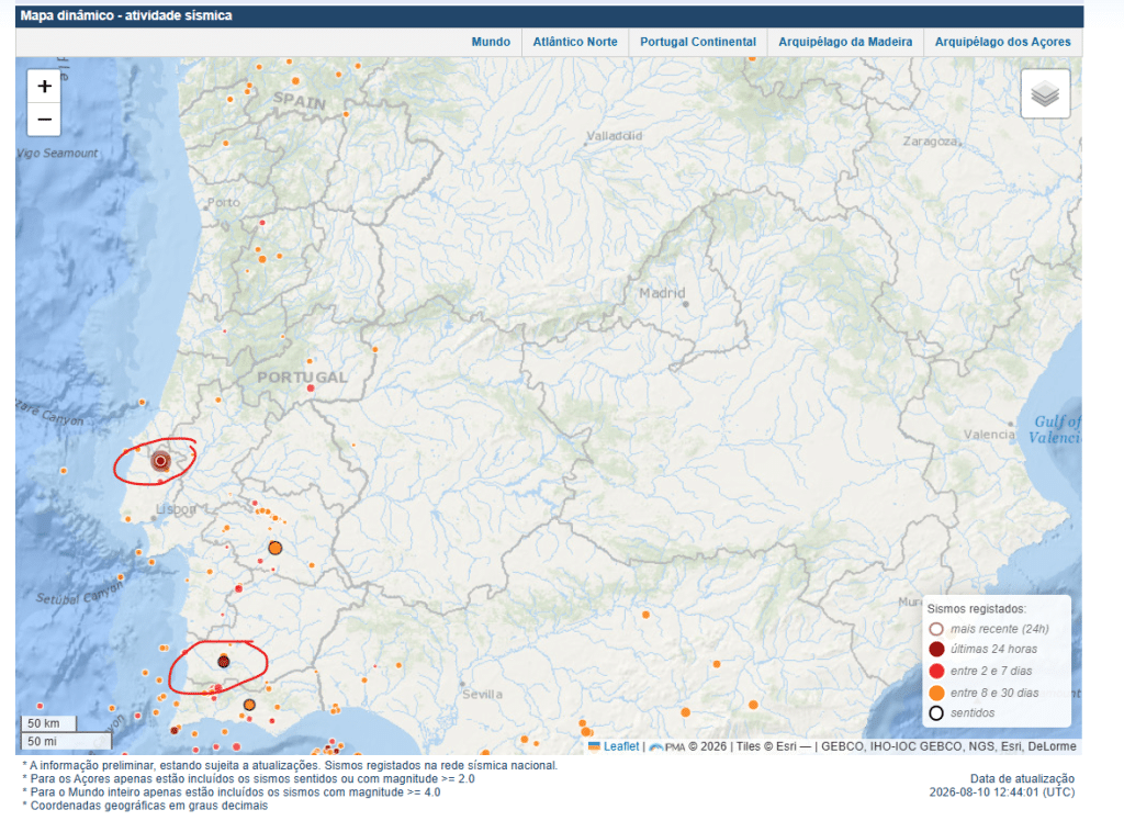 Carte activité sismique aujourd'hui Portugal